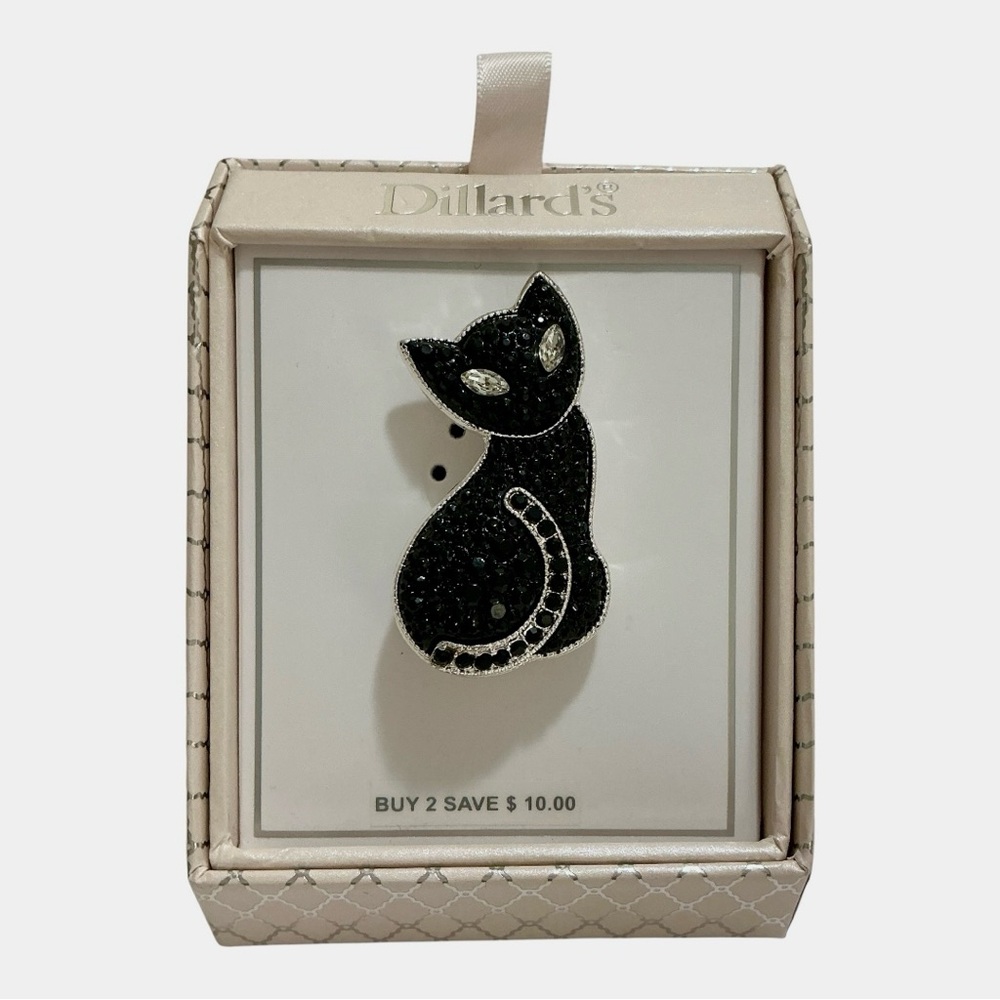 Black Cat Pin Brooch Silver Tone Black And Clear Rhinestones Fall Holiday Season